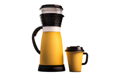 Modern thermal carafe with cup, yellow containers, black handles, cut out transparent