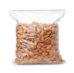 Shelled almonds in transparent plastic bag