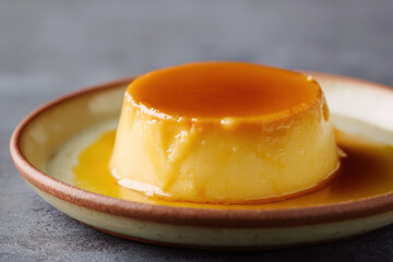 Silky caramel flan with golden top on ceramic plate