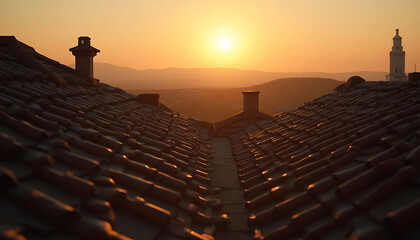 Fototapeta premium Tile Roofs at Sunset: Golden Hour Over European Town
