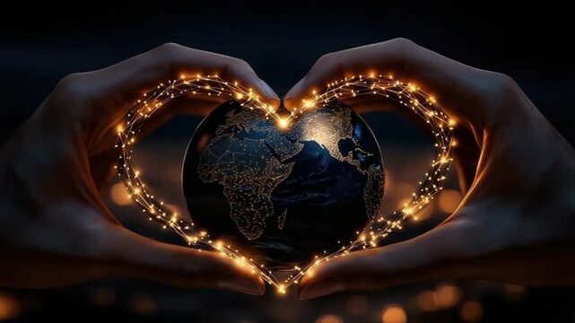 A pair of hands forming a heart around a glowing Earth, symbolizing love for the planet and environmental awareness.