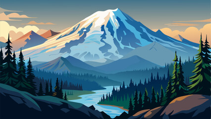 Majestic Mount Rainier Landscape: Vector Art Illustration