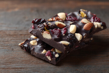 Dark chocolate bark with nuts and dried fruits on wooden surface