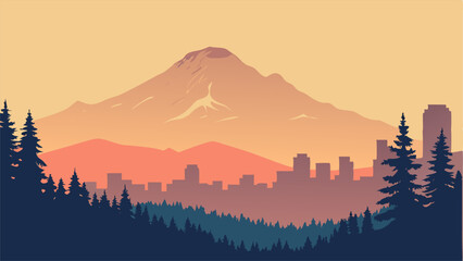 Seattle Skyline with Mount Rainier at Sunset - Vector Illustration