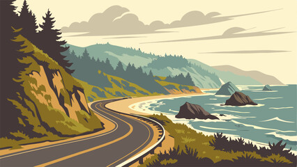 Scenic Coastal Highway Road Trip Illustration