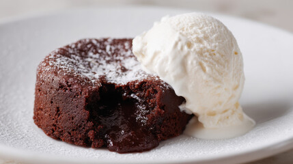 Rich chocolate lava cake with molten center and ice cream on white plate