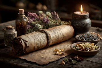Ancient Apothecary. ancient medicine recipe: parchment scroll, dried herbs, candlelight aesthetic. Alternative medicine, herbal treatment concepts