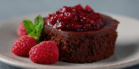 Rich vegan chocolate mousse cake topped with raspberry coulis and fresh raspberries
