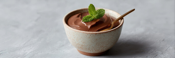 Creamy vegan chocolate mousse in ceramic cup with mint garnish