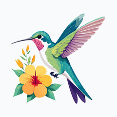 Obraz premium Hummingbird and Hibiscus: A vibrant hummingbird hovers near a cheerful hibiscus flower, wings outstretched in mid-flight. The illustration showcases intricate details and a playful color palette.