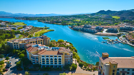Aerial Luxury Lakeside Resort Mediterranean Architecture Waterfront Fly Over