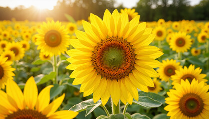 Obraz premium Bright sunflower blooming in a field during golden hour 