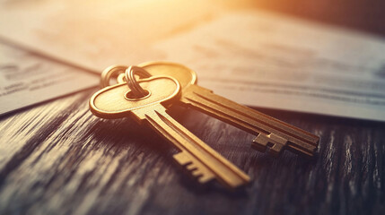 Two golden keys crossing on dark wooden table symbolizing business merger and company acquisition, corporate takeover and partnership concept.
