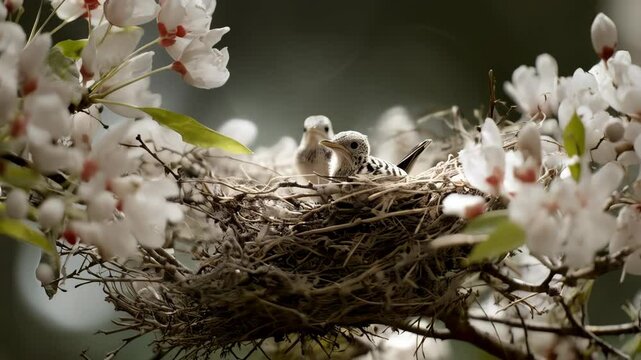 Two fledgling birds nestled in a twig nest, surrounded by delicate white blossoms, observing nature from a safe, natural habitat on a tree branch.