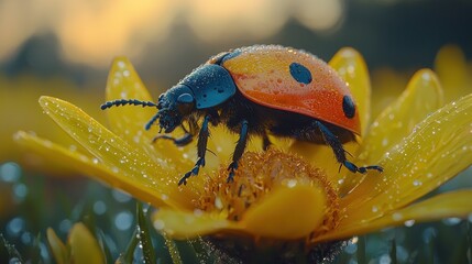 Close-up of ladybug on dewy yellow flower