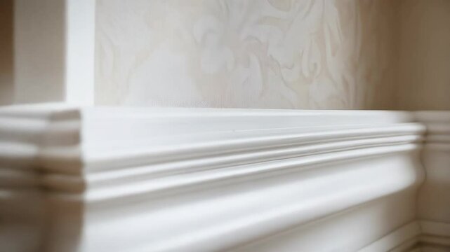 Elegant white decorative molding and baseboard corner adding architectural detail to a room with floral wallpaper and neutral colors.