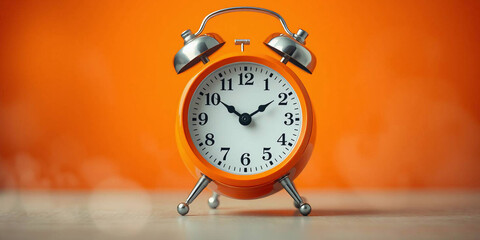 Vintage orange alarm clock on orange background with copy space. Retro time, antique clock with details. Classic design, decoration, reminder, display. Analog clock. 