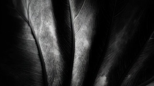 Dramatic close-up of an exotic taro plant leaf featuring detailed veins in monochrome light emphasizing texture and natural patterns.
