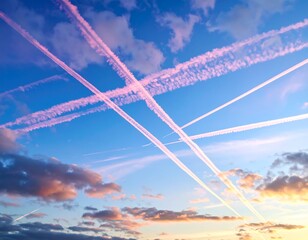Contrails crisscross a vibrant sunset sky