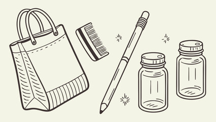 Pencil vector: eco bag, bamboo brush and glass jars. Style: minimalist sketch with paper texture