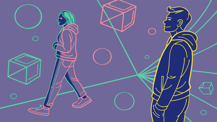 Abstract vector: avatars of people in digital space with 3D elements. Neon colors, hologram effect