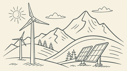 Sketchy vector illustration: windmills and solar panels on the background of mountains