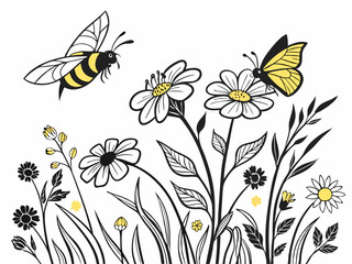 Hand drawn vector illustration of bees, butterflies and flowers in naturalistic sketch style. Black and white base with yellow accents