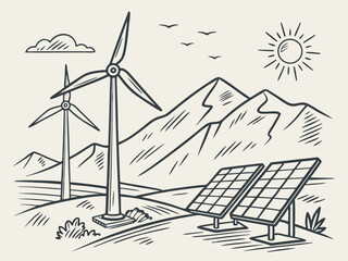 Sketchy vector illustration: windmills and solar panels on the background of mountains