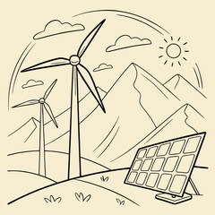 Sketchy vector illustration: windmills and solar panels on the background of mountains