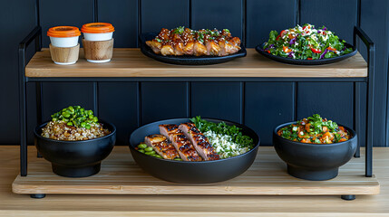 Assortment of Healthy Meal Bowls with Teriyaki and Salad on Wooden Tray