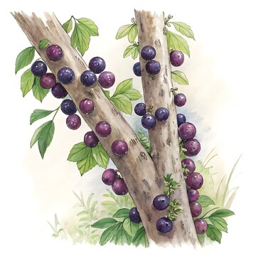 Jabuticaba Berries on Tree Trunk Watercolor on White Background