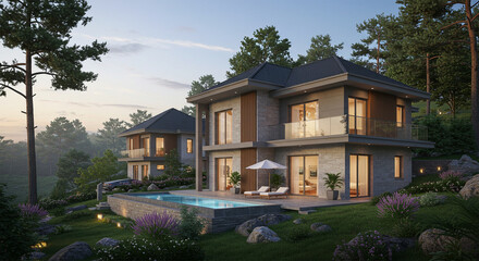 Fototapeta premium Luxury Modern Beachfront Villa with Infinity Pool and Palm Trees – Contemporary Tropical Architecture Design by the Sea