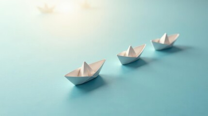 Obraz premium A fleet of origami boats sailing on a tranquil blue surface, symbolizing teamwork, progress, and a shared journey towards a common goal.
