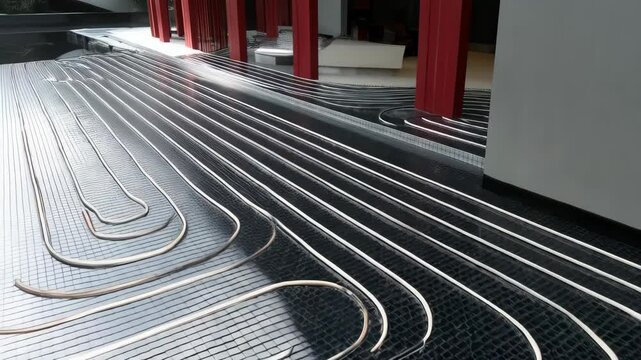 Underfloor heating installation with pipes, laying pipes for underfloor heating system, modern construction technology, silver pipes on dark base, home improvement.