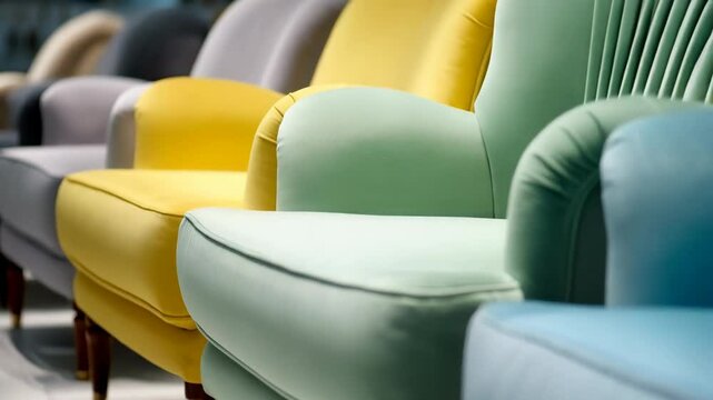 Row of modern upholstered armchairs in pastel colors: blue, green, yellow, and gray, arranged in a showroom or retail setting, furniture display