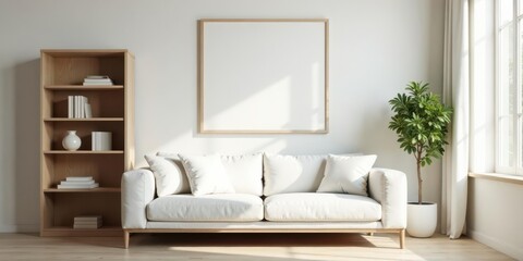 Modern Minimalist Living Room Interior Design Featuring a Comfortable Sofa, Wooden Shelving Unit, and a Large Blank Canvas