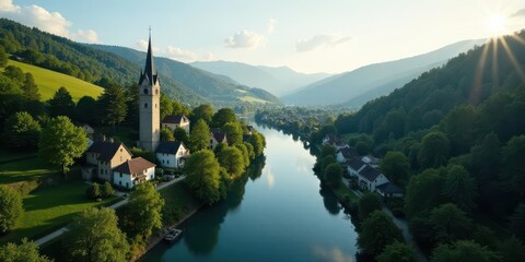 Fototapeta premium Serene Village nestled beside a tranquil river, surrounded by lush green hills and a majestic steeple at sunset