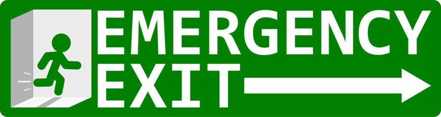 Emergency exit sign, green background with a running man, door and an arrow.