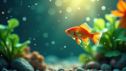 Serene aquatic scene featuring vibrant goldfish gracefully swimming amidst lush underwater plants and smooth river stones, illuminated by a gentle sunbeam.