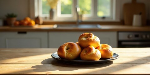 Sunlit Kitchen Table with a Stack of Freshly Baked Bagels Ready to be Enjoyed
