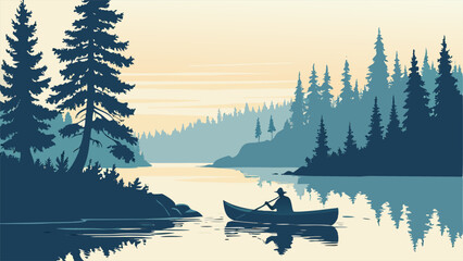 Silhouette of Person Canoeing on Calm Lake at Sunrise, Surrounded by Pine Trees