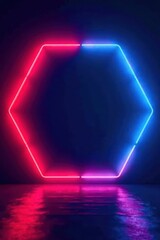 Hexagonal Neon Frame with Vibrant Pink and Blue Glowing Lights Reflecting on a Dark, Reflective Surface