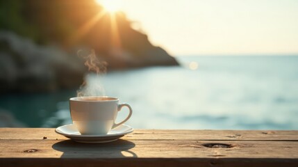 Warm Morning Beverage by the Ocean's Edge A Serene and Peaceful Start to the Day