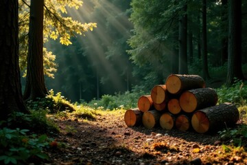 Sunlit Forest Path with Stacked Logs A Tranquil Woodland Scene