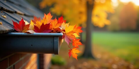 Autumnal Leaves Gracefully Adorn a House's Rain Gutter, a Peaceful Autumn Scene