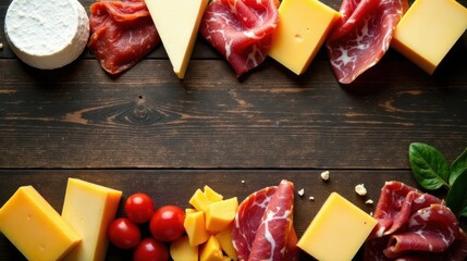 Aromatic Delicacies  A Culinary Composition of Aged Cheeses and Cured Meats Arranged on a Rustic Wooden Surface, Accompanied by Fresh, Ripe Cherry Tomatoes