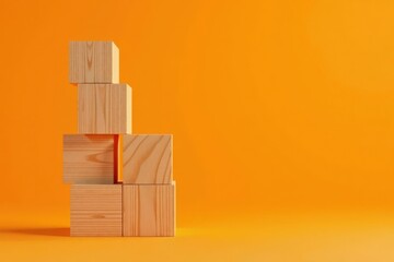Simple Wooden Blocks Arranged in a Stair-Step Formation Against a Vibrant Orange Background