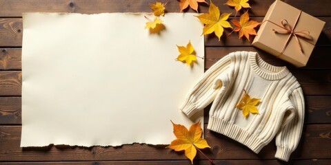 Autumnal Still Life  A Cozy Cream-Colored Sweater, Gift Box, and Fallen Leaves Arranged on a Rustic Wooden Surface with Blank Paper for a Message