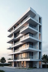Modern Architectural Design A Sleek Multi-Story Building with Private Balconies and Ground Floor Commercial Space