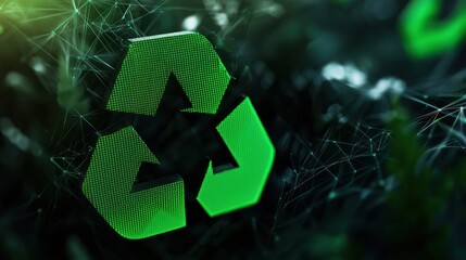 Green recycling symbol, digital network background, eco-friendly concept, sustainability